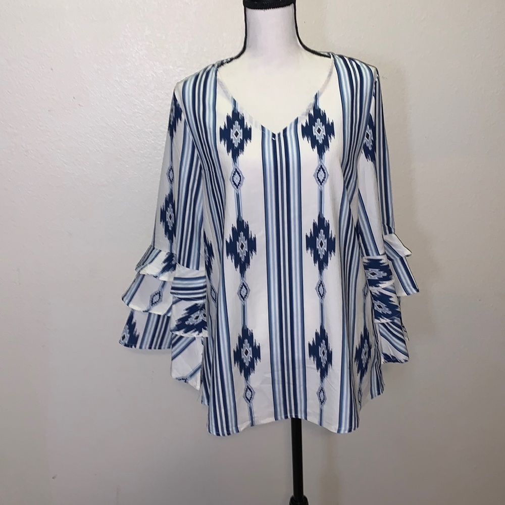 Fashion Express white native print ruffle flare sleeves v-neck blouse